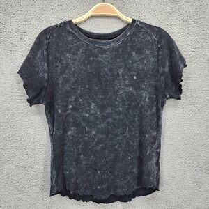 Midnight Hour Ribbed Tee Women's Large Gray Acid Wash Lettuce Hem Short Sleeve